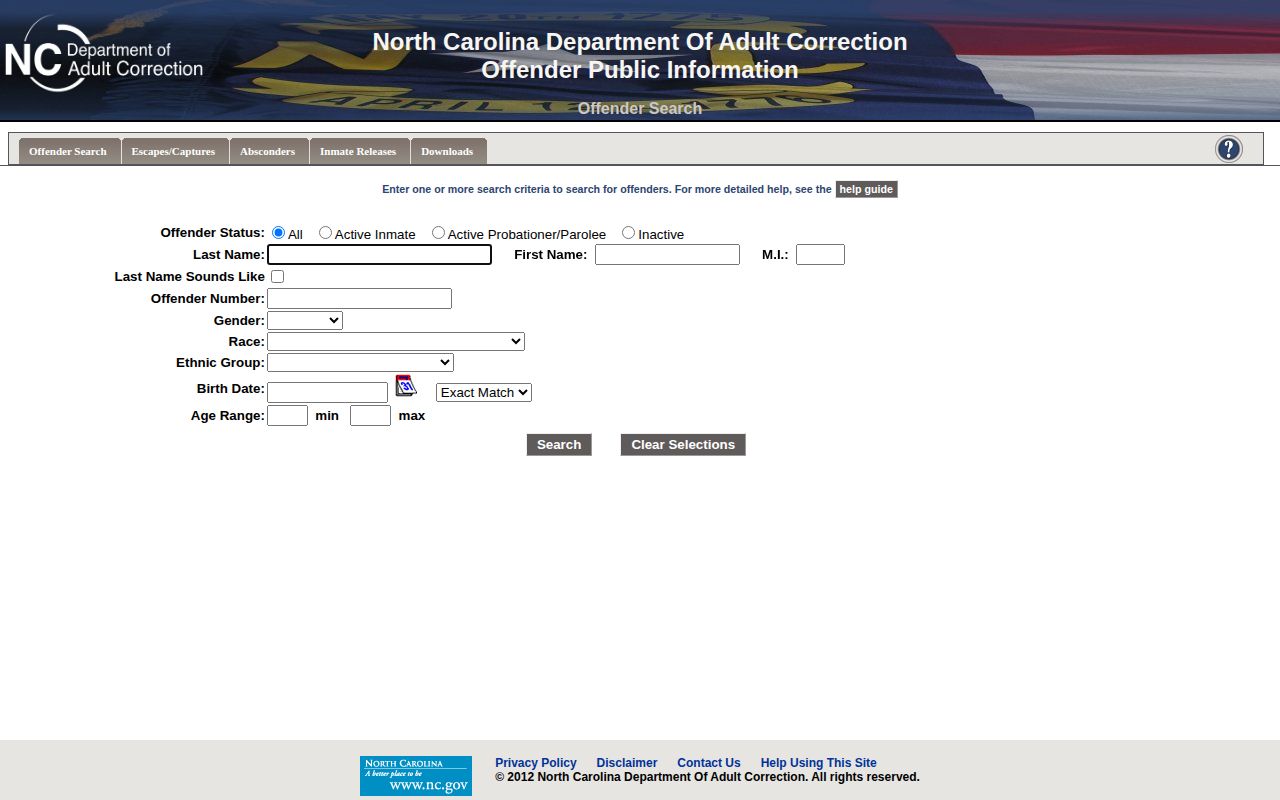 North Carolina state offender public information search form