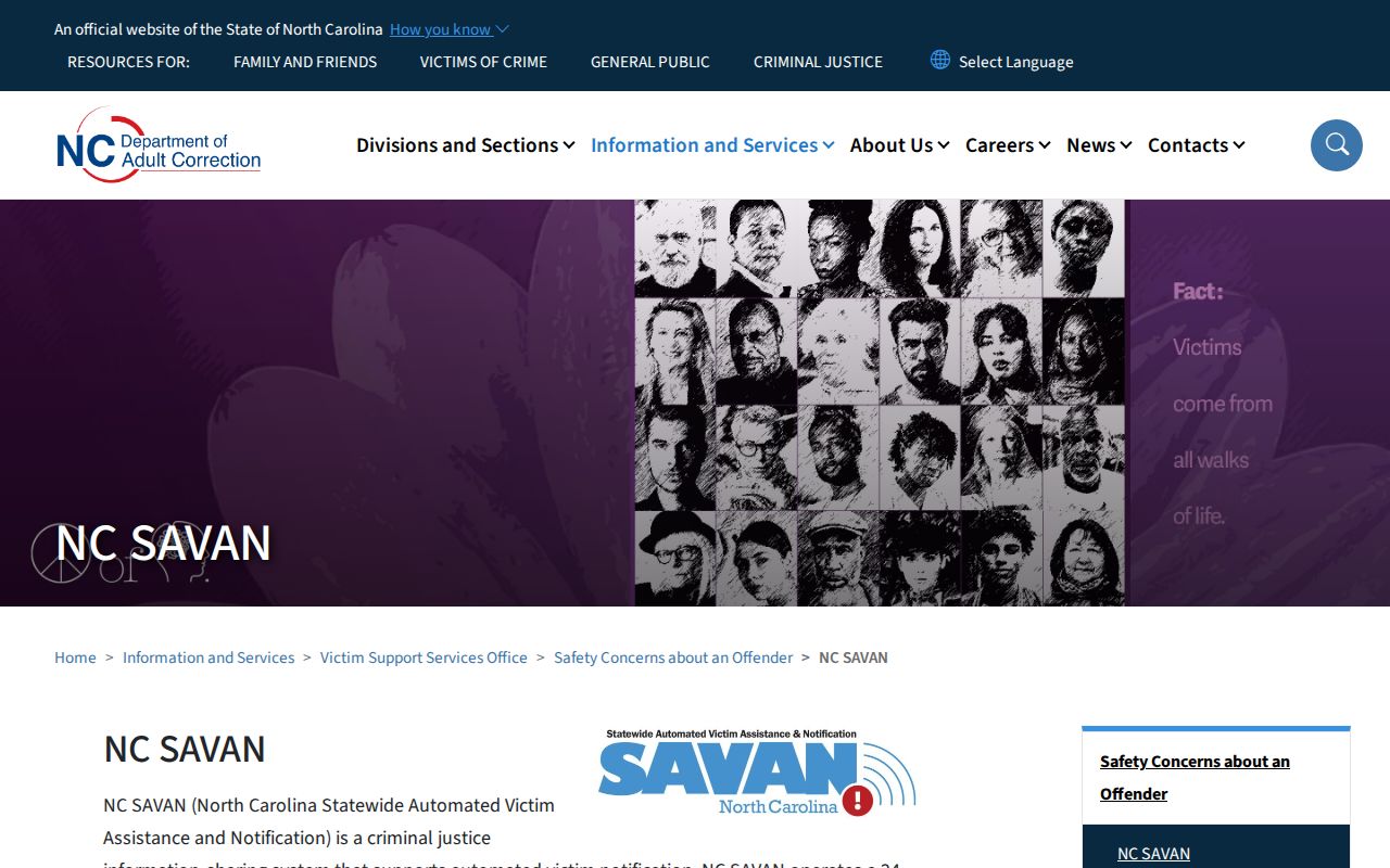 North Carolina NC SAVAN custody notification information for Gates County searches