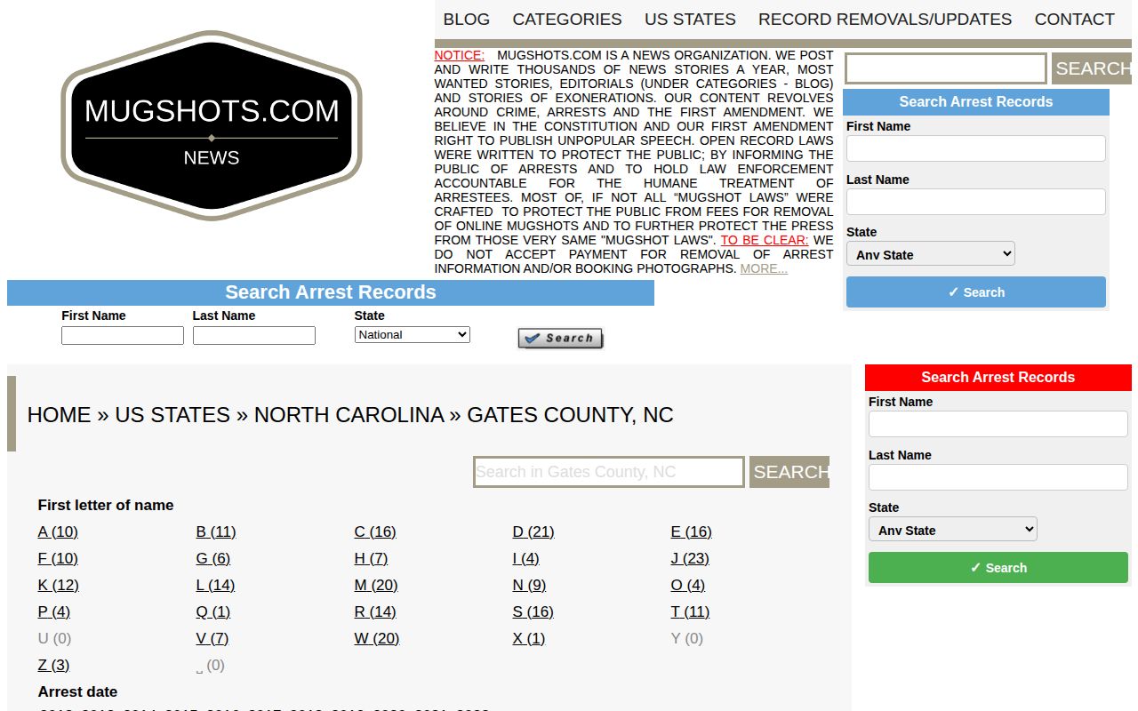 Unofficial Gates County arrest archive requiring accuracy and staleness caveats